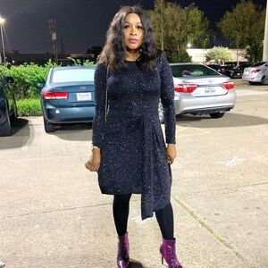 Maggy London Black Sparkle Long-Sleeve Dress with Draped Waist